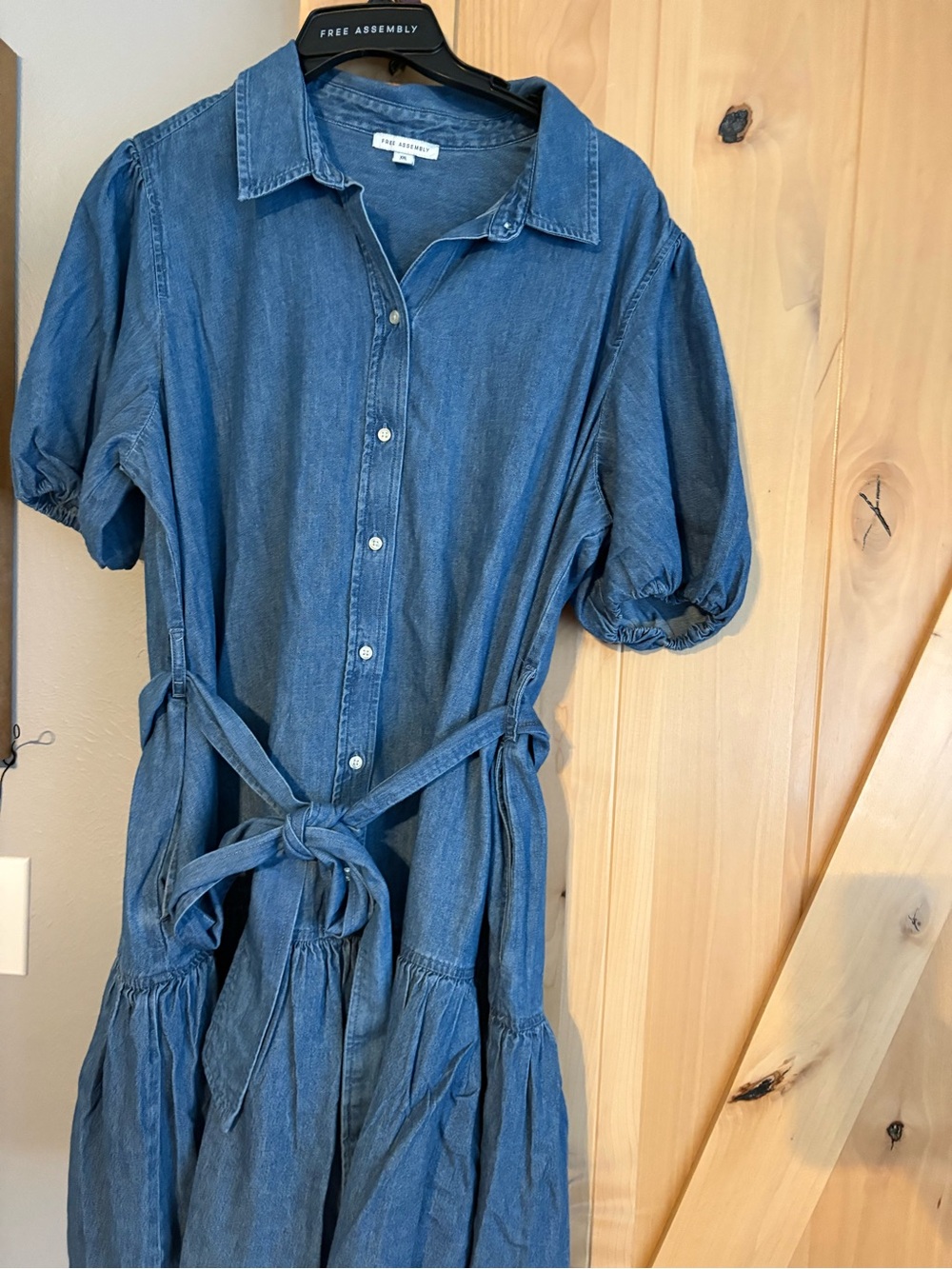 Free Assembly Blue Denim Midi Shirt Dress with Tie Waist